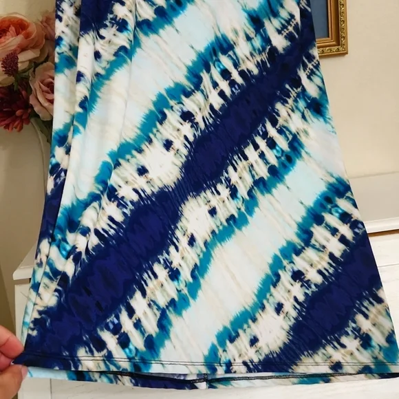 Tye Dye White Blue A-Line Maxi Skirt Beach Vacation Cruise Summer Brunch Medium - Picture 3 of 8